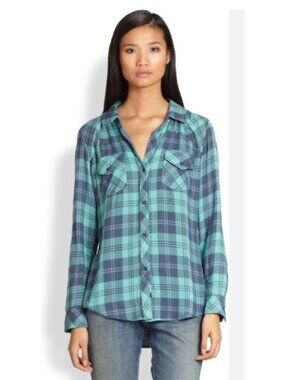 Rails Woman's Sz XS Kendra Teal Blue Hunter Green Plaid Flannel Button Up Shirt